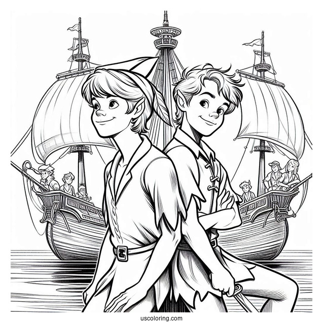 Peter Pan And Captain Hook Back-To-Back Coloring Page