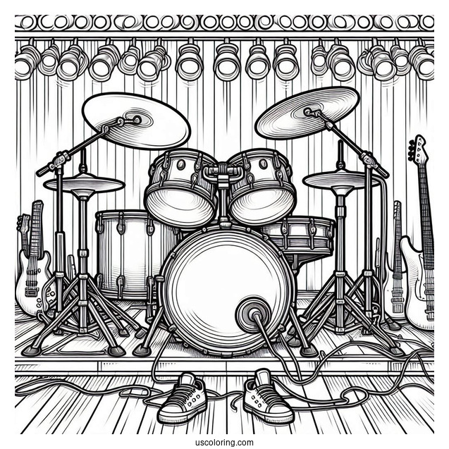 Music Coloring Page Of Complete Drum Set On Stage