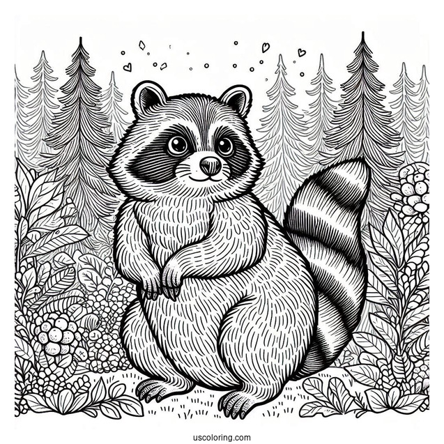 Detailed Furry Raccoon Coloring Page In A Forest