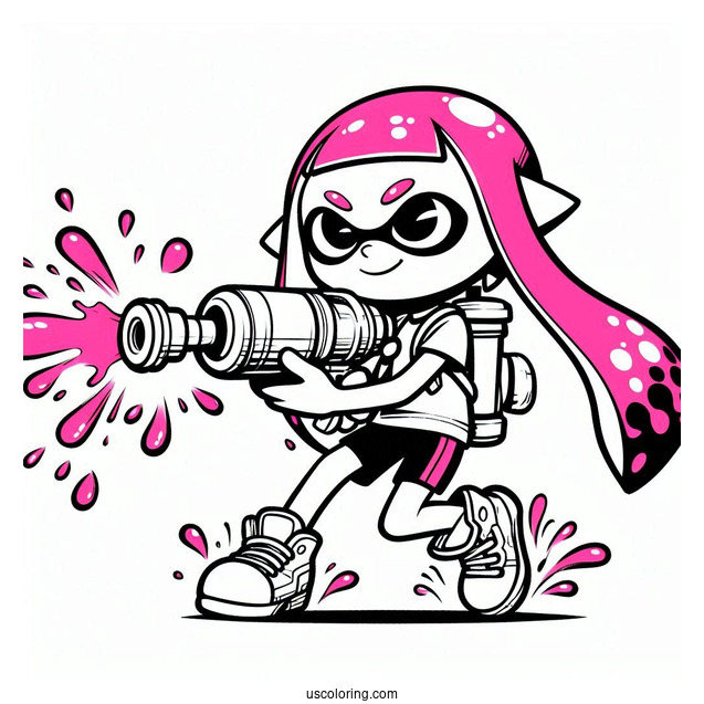 Splatoon Coloring Page Of Happy Pink Inkling Girl Shooting Inkjet