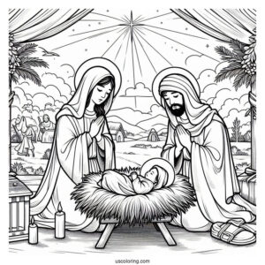 Nativity Coloring Page Of Mary And Joseph Praying Over Baby Jesus In The Manger
