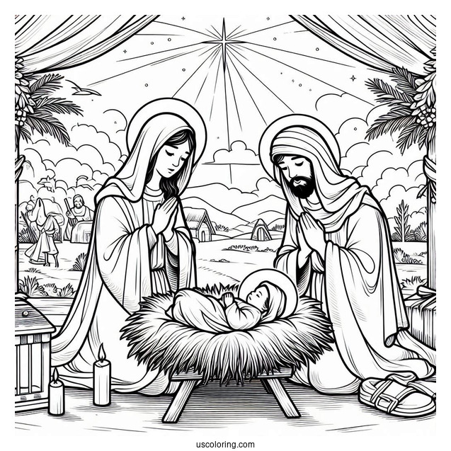 Nativity Coloring Page Of Mary And Joseph Praying Over Baby Jesus In The Manger