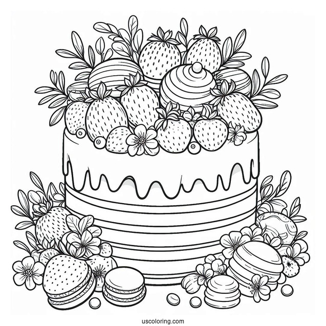Cake With Maracons And Strawberries