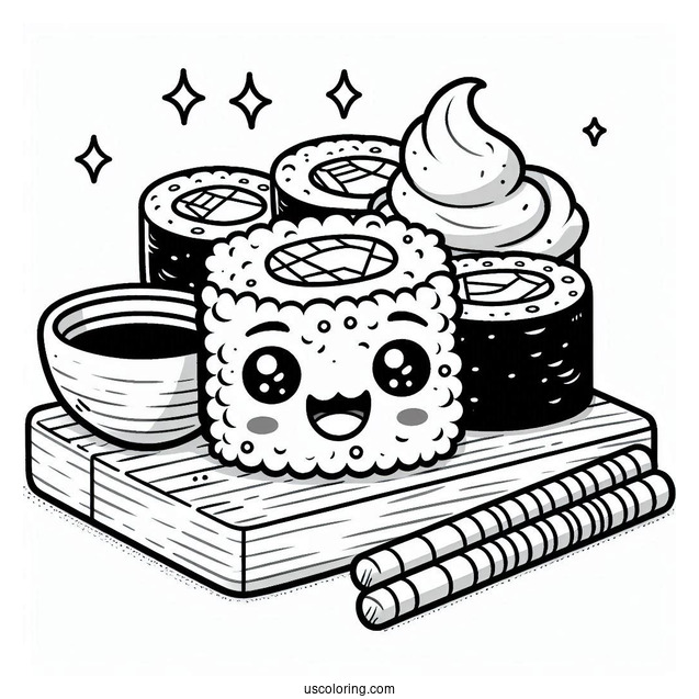 Sushi Coloring Pages Smiling Maki On A Board For Kids