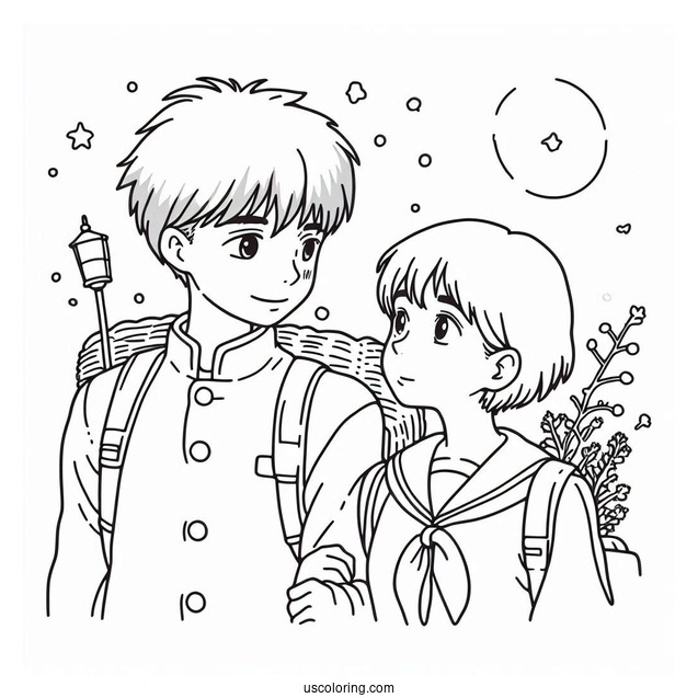 Studio Ghibli Coloring Page of Outline Of Seita And Setsuko From Grave Of The Fireflies