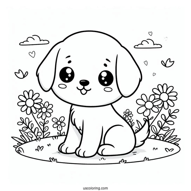 Cute Coloring Page Of Puppy Playing In A Field For Kids