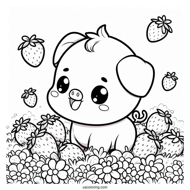 Kawaii Themed Pig In Field Of Strawberries