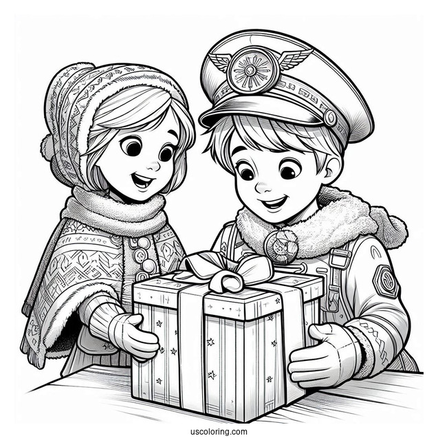 Polar Express Coloring Page Of Hero Boy And Sister Opening A Present