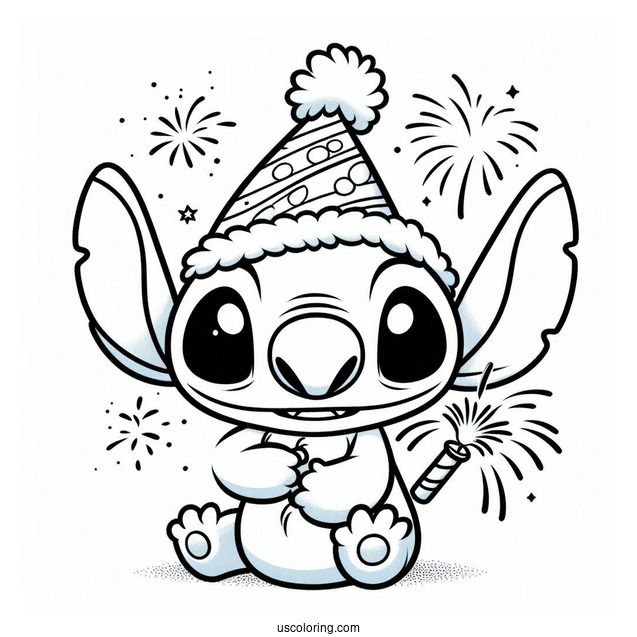 New Year Coloring Page Of Smiling Stitch With A Party Hat And A Sparkler