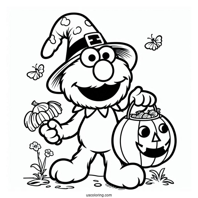 Elmo Trick-Or-Treating With Pumpkin To Color