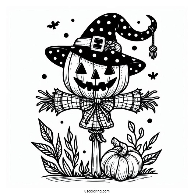 Jack O Lantern Scarecrow Coloring Page Wearing A Polka Dot Witch Hat