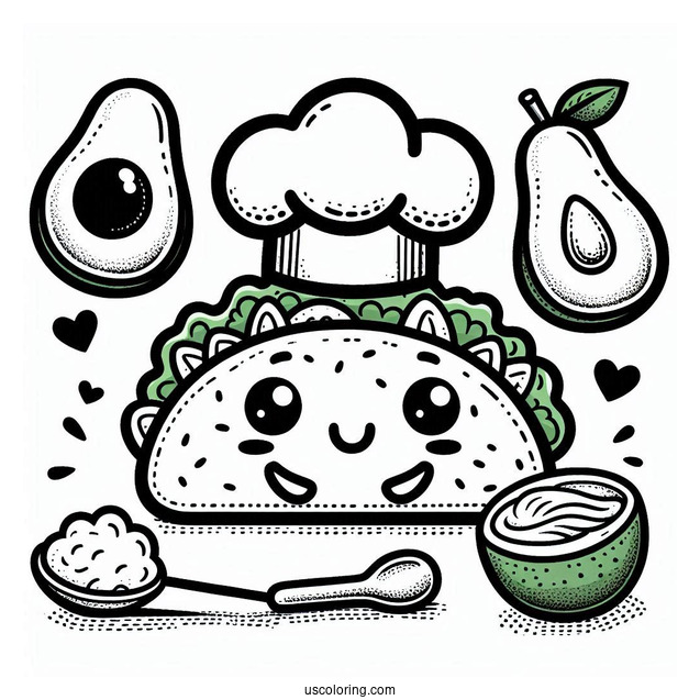 Cartoon Taco With Chef Avocado Coloring Page For Kids