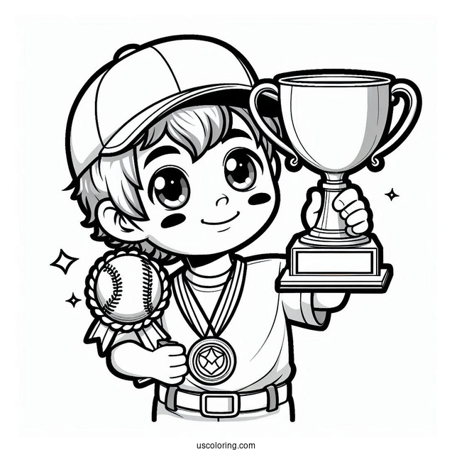 Young Baseball Coloring Page Of Champion Holding Trophy For Kids