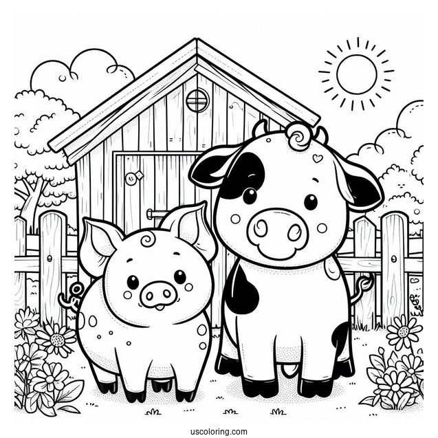 Cow And Pig On a Farm To Color