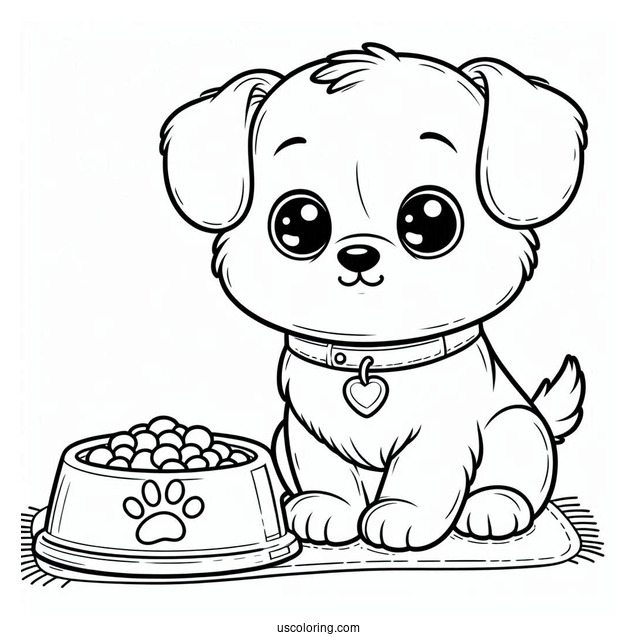 Cute Cartoon Puppy In Front Of Food Bowl