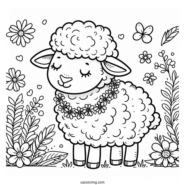 Easy Sheep With Flower Necklace Spring Coloring Page