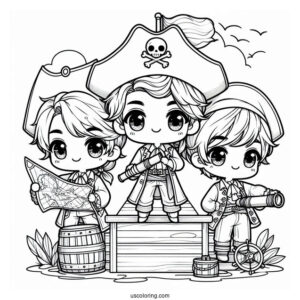 Three Chibi Pirate Coloring Page On Deck With A Map And A Telescope