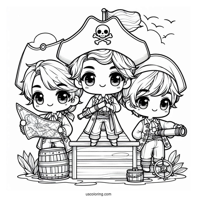 Three Chibi Pirate Coloring Page On Deck With A Map And A Telescope
