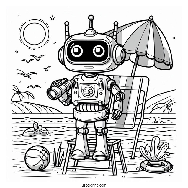Robot Lifeguard With Binoculars At The Beach