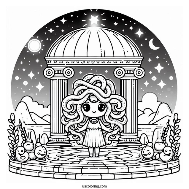 Cute Cartoon Medusa Coloring Page Standing Inside Temple