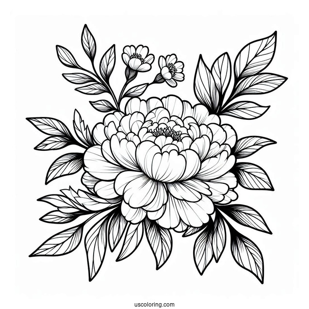 Flower Coloring Pages Of Peony With Leaves