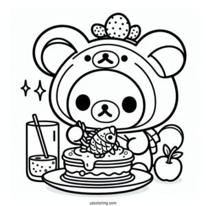 Rilakkuma Coloring Page Of Cat Costume Eating Fish Cakes For Kids