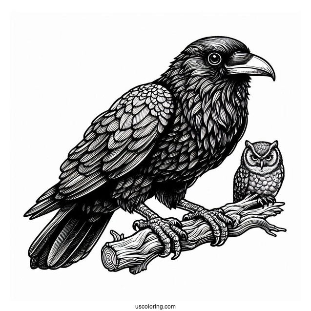 Realistic Raven Coloring Page Perched On A Branch With An Owl