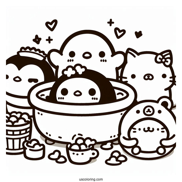 Sumikko Gurashi Coloring Page Of Penguin, Shirokuma, Neko, And Tonkatsu In Bath