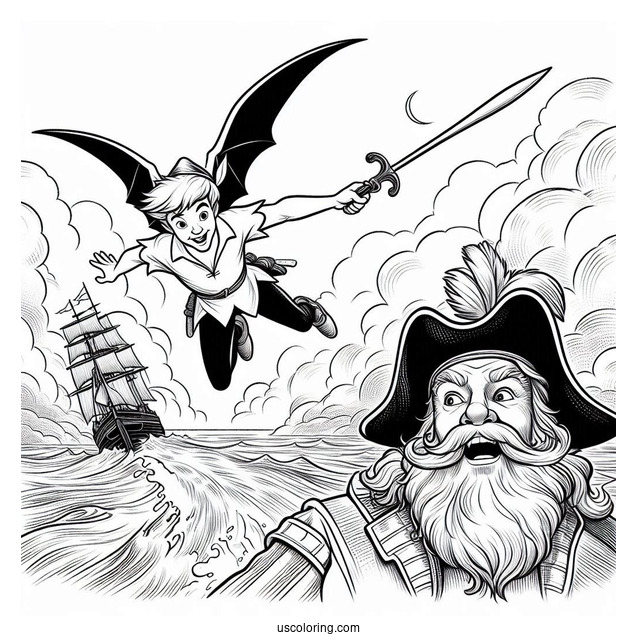 Peter Pan Flying Over Scared Captain Hook Coloring In