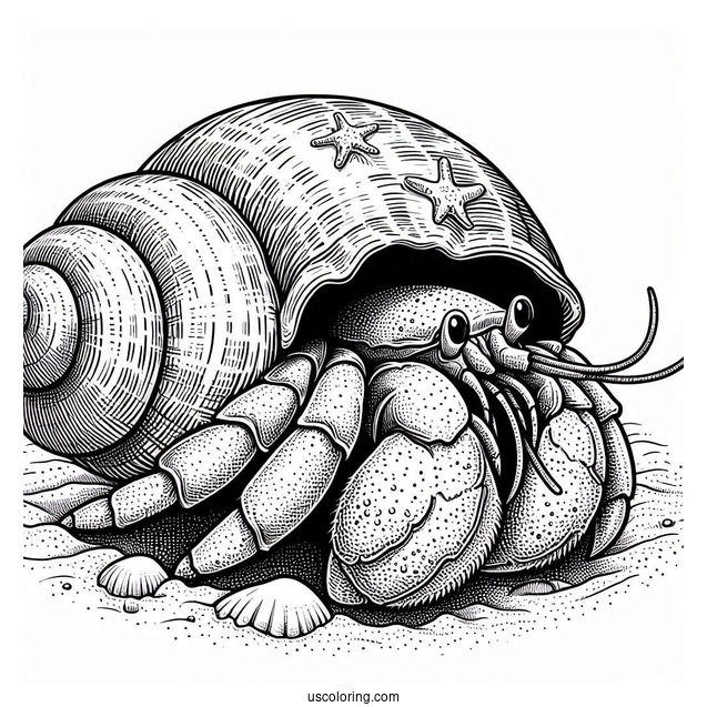 Detailed Hermit Crab Coloring Page In Shell