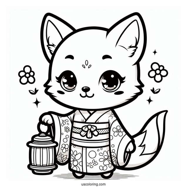 Adorable Chibi Fox Coloring Page In A Kimono Holding A Lantern For Kids