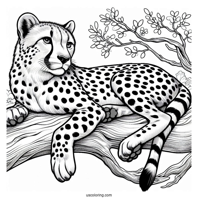 Big Cheetah Coloring Page Resting On A Tree Branch