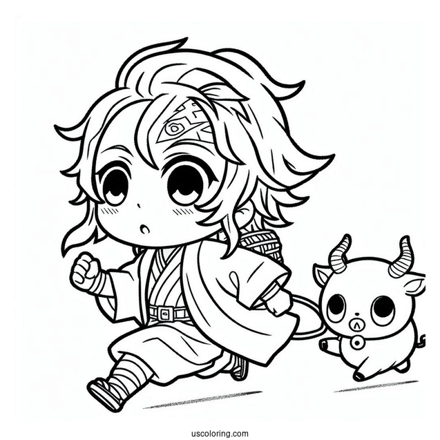 Chibi Zenitsu Chasing Tanjiro Coloring Page For Kids