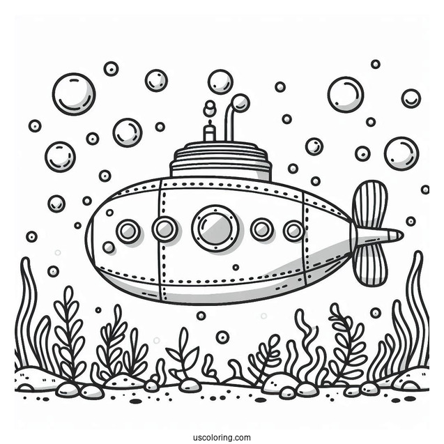 Easy Submarine Coloring PagevWith Bubbles For Preschoolers