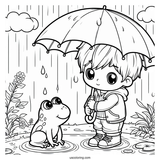 Little Boy Looking At Frog Under The Rain Coloring Page