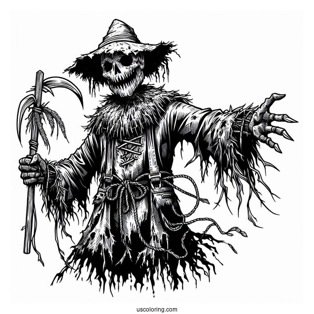 Terrifying Scarecrow Coloring Page With Tattered Clothes
