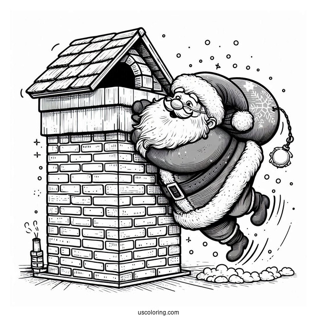 Santa Claus Squeezing Into Brick Chimney To Color