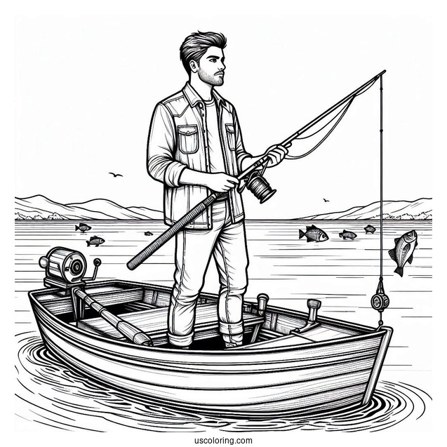 Realistic Man Standing In A Boat With Fishing Coloring Page Rod