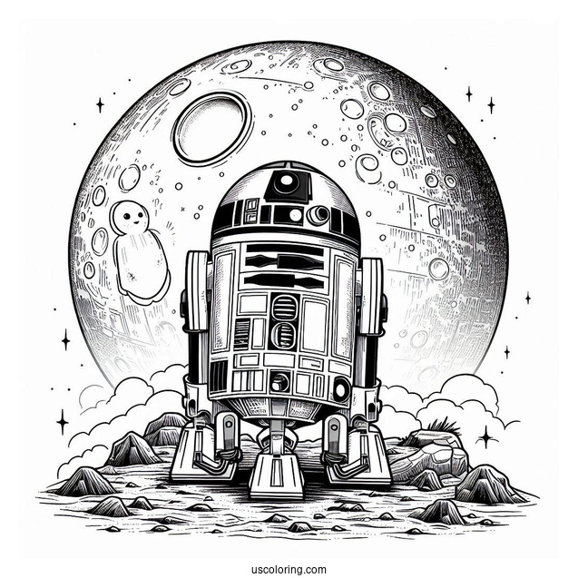 R2-D2 Coloring Page With Wall E On The Moon For Kids