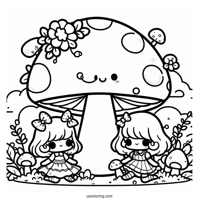 Kawaii Girls Playing With A Giant Mushroom Coloring Page