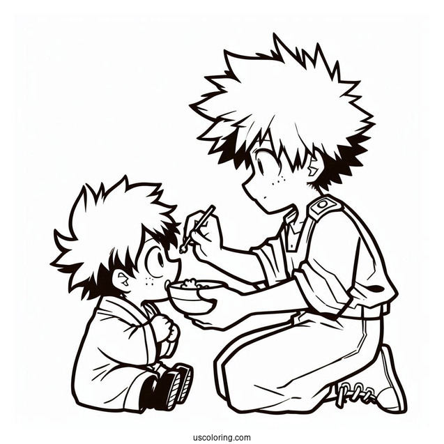 Cute Bakugo Feeding Deku Coloring Page