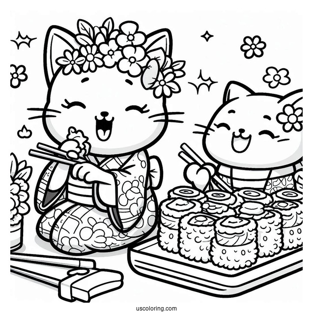 Happy Cat In A Yukata Eating Sushi Coloring Page For Kids