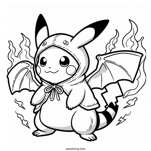 Pikachu In Charizard Costume Coloring Sheet