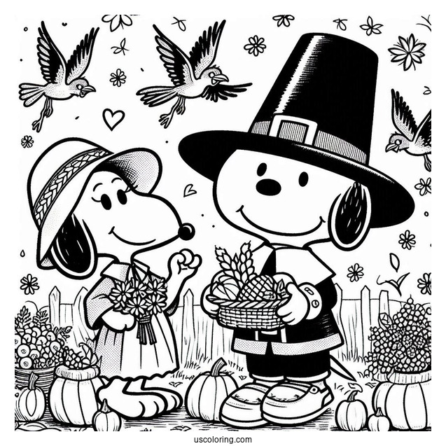 Pilgrim Coloring Page Snoopy And Woodpecker Celebrating Thanksgiving