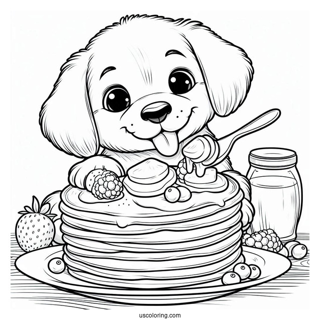 Puppy Licking Large Pancake Coloring Page With Butter And Berries