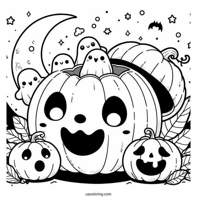 Pumpkin Coloring Page Of Chibi Ghosts Coming Out Of A Smiling Jack O Lantern