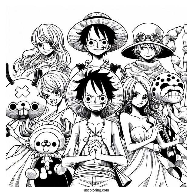 One Piece Coloring Page Of Luffy, Nico, Sanji, Zoro, Nami, Chopper, And Usopp