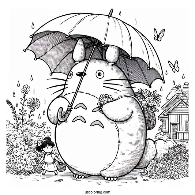 Studio Ghibli Coloring Page of My Neighbor Totoro Holding Umbrella For Kids