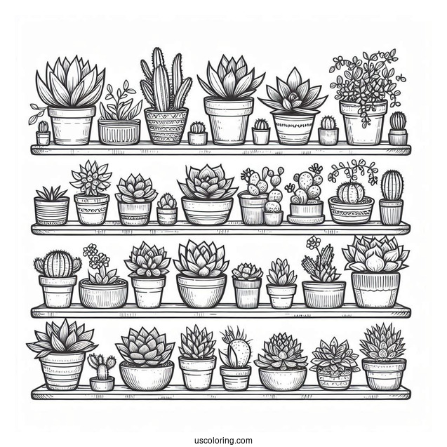 Shelves Full Of Cute Succulent Coloring Page