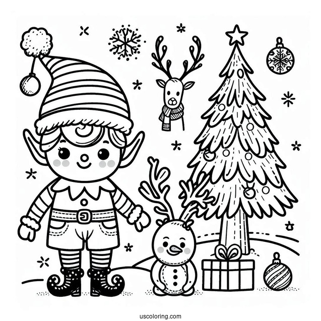 Elf, Reindeer And Christmas Tree To Color For Kids